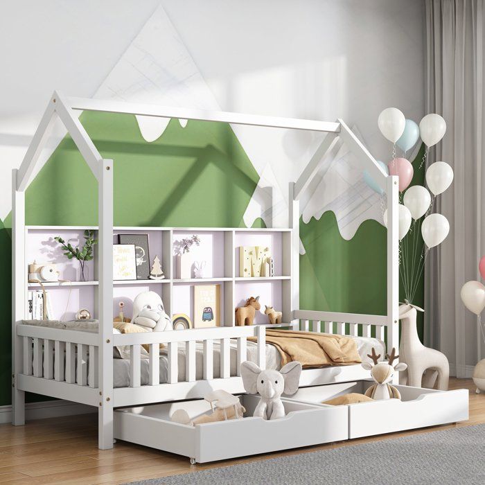 Lit cabane 90 x 200 cm pour enfant ou bébé avec étagère de rangement bibliothèque et 2 tiroirs Sommier à lattes inlcus Blanc