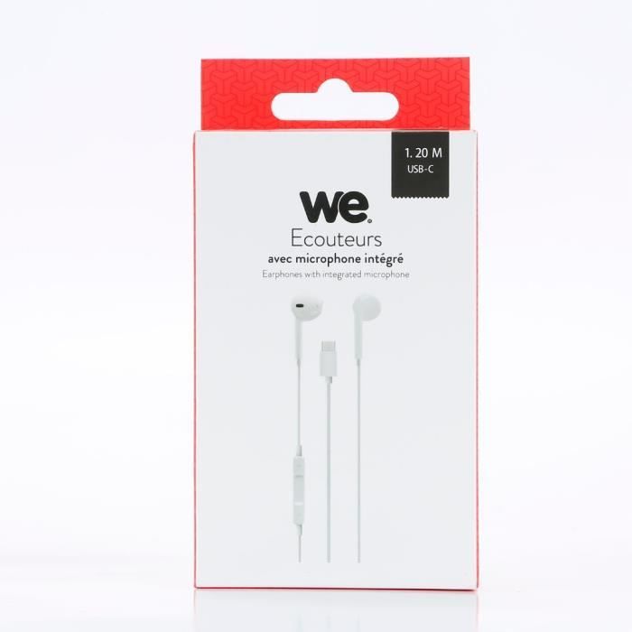 Ecouteurs WE avec connecteur USB-C de couleur blanche Câble 1,20 m. Bouton multifonction et microphone intégré pour appels Blanc