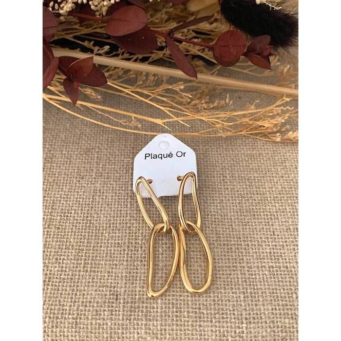 Boucles D'oreilles Pendantes Plaqué Or 18 Carats - Double Ovale Entrelacé, Neuves Avec étiquettes