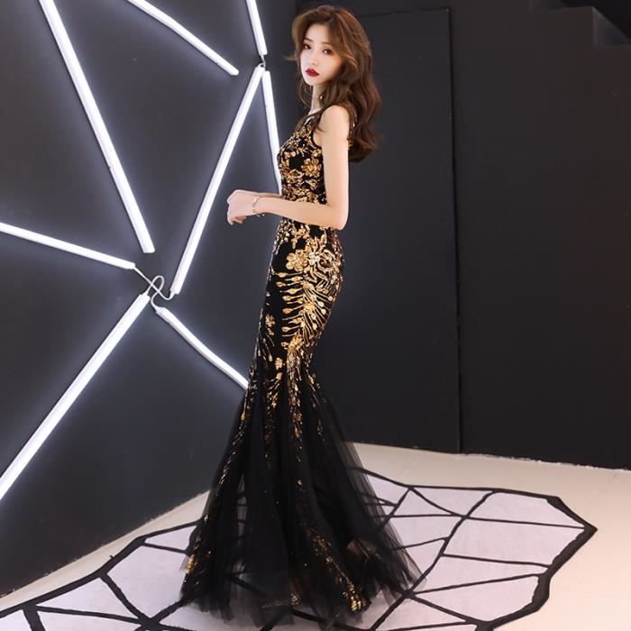 Robe de soiree de banquet XXXL noire Femme 2018 Nouvelle robe d hote noble et elegante a longues paillettes Robes Demure Bleu Cdiscount Pret a Porter