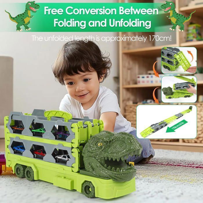 CAMION Camion Dinosaure Jouet - AZWIX - Véhicules avec 6 Voitures - Jouet de Transport pour