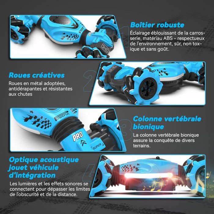 Dysaim – Voiture Télécommandée 4WD Tout Terrain – 2 Modes (Montre Et Télécommande) – 360° – Lumière, Musique, Spray – Bleu