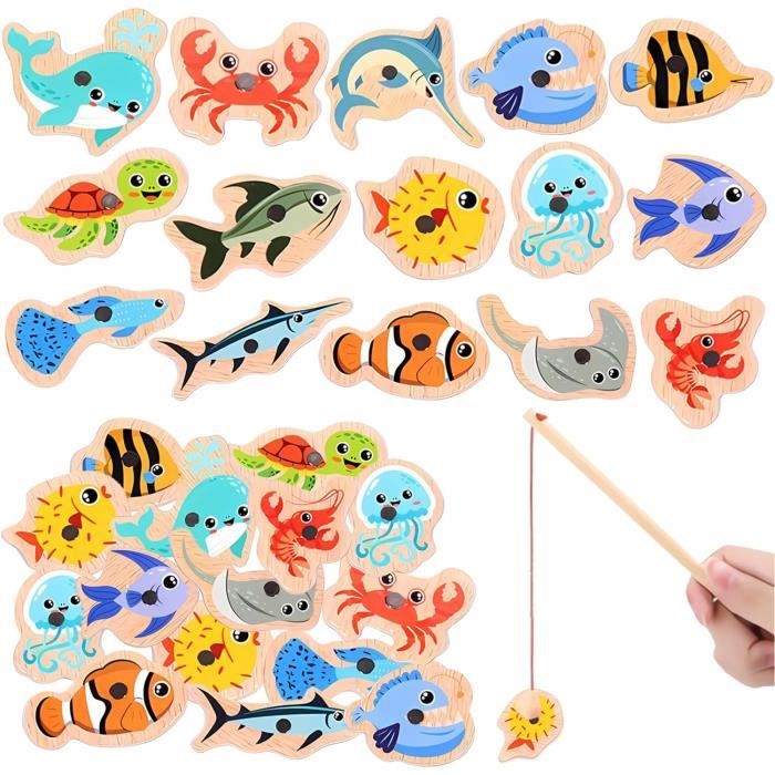 Jeu De Pêche Magnétique En Bois – 15 Poissons, Canne Incluse – Éducatif, Couleurs, Chiffres – Cadeau Fille Garçon Dès 2 Ans