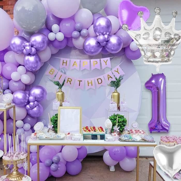 Décorations anniversaire violet 1 ans,ballons violets pastel bannière HAPPY  BIRTHDAY ballon numéro 1 ballons gris violet,[Z1132]