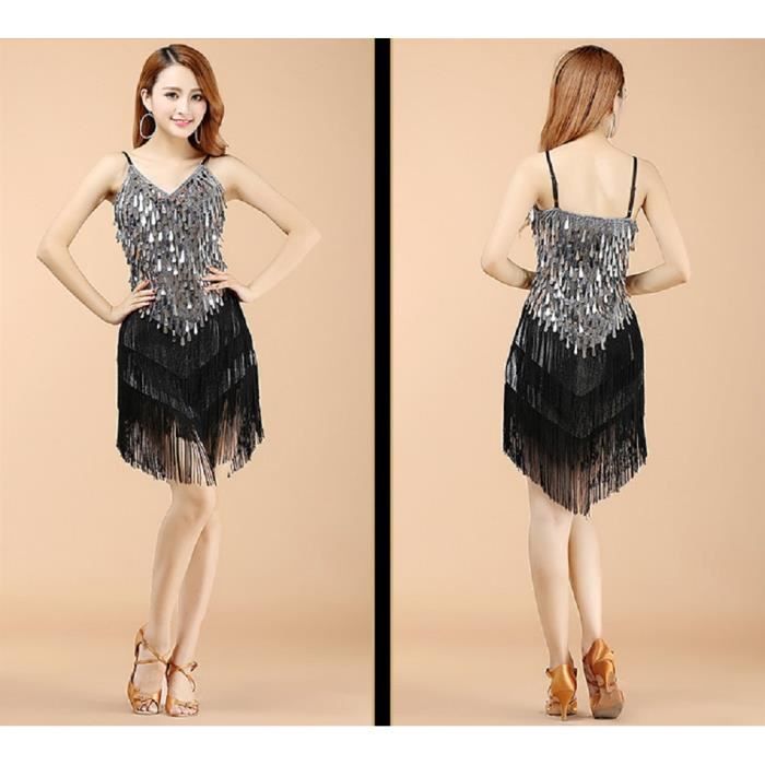 Robe frange costume de danse latine pour femmes robe de soiree sans manches robe de ceinture d epaule robe de danse Tango silvery Cdiscount Pret a Porter