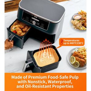 Papier Cuisson Pour Air Fryer - 100 Feuilles 22x14cm Bord Relevé - Compatible Ninja, Cecotec, Moulinex Dual Zone 7.6-9.5L