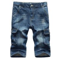 Pantacourt en Jeans Homme Coupe Droite Multi-poches Pantalon Court Stretch Effet Abrasion et Délavé