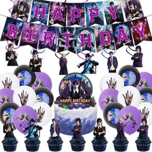Lot de 131 décorations d'anniversaire Mercredi Addams, fournitures de fête Mercredi  Addams, y compris bannière, nappe, ballons en latex, décoration de gâteau,  décorations de cupcakes, tourbillons suspendus, couteaux, fourchettes,  cuillères, assiettes