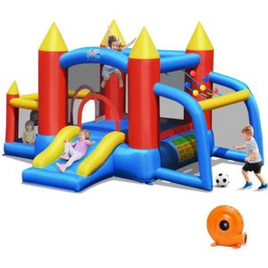 AIRE DE JEUX GONFLABLE COSTWAY Château Gonflable pour Enfants avec Souffleur 450W Toboggan 60 Boules Colorées,Jeux de Fléchettes But de Football Sac