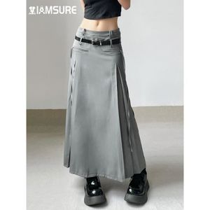 JUPE IAMSURE-Jupe trapèze à pampilles de style safari pour femmes avec ceintures,streetwear décontracté,poches,taille - GRAY[F87684]