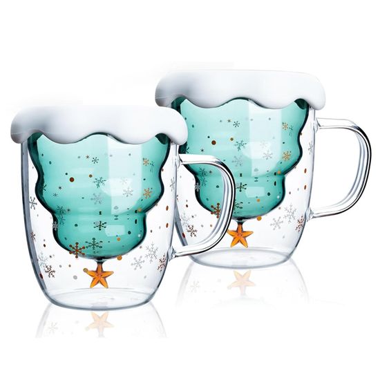 2 Tasses à Café En Verre Forme Sapin De Noël - 300ml, Double Paroi Isolante - Avec Couvercle Et Cuillère Dorée - Cadeau De Noël - 4