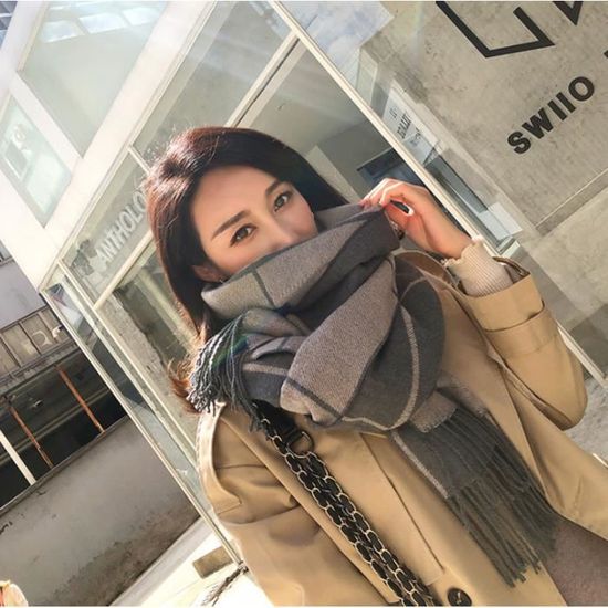Écharpe Femme Hiver Grand Châle Pashmina à Carreaux - 240x40 Cm, Polyester Doux, Avec Glands - Multifonction Pour Mariage, Soirée, Quotidien