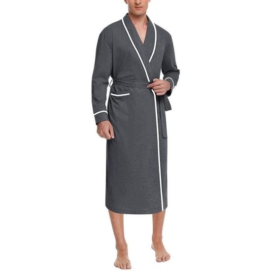 Peignoir Homme Leger Robe de Chambre Coton Kimono Poches Latérales avec Ceinture Peignoirs de Bain Homme Long pour Maison l'hôtel