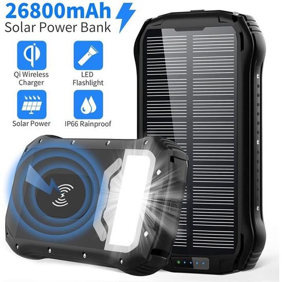 Vikeri Power Bank Chargeur Solaire 26800 mAh, Batterie Externe Solaire Etanche, Port USB-C pour Une Charge Rapide, Batterie Solaire avec 4 Prises, pour Smartphones, Tablettes, etc. ((Bleu