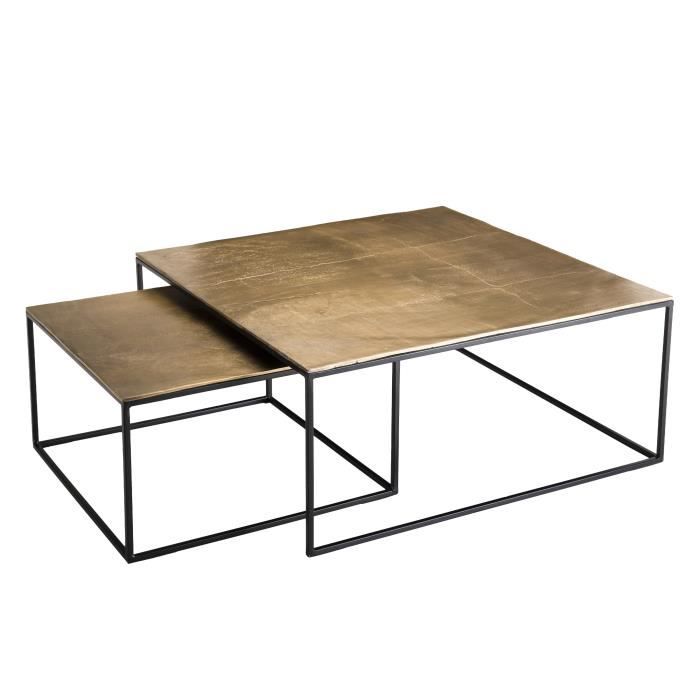 macabane jonas - set de 2 tables gigognes carrées aluminium doré - pieds métal noir