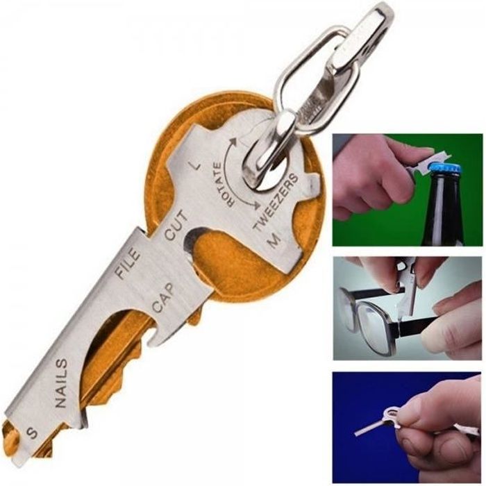 8 Dans 1 EDC inoxydable Décapsuleur Porte-clés Gadget Key Utility Anneau multi-fonction Clé Pince Argent de poche Outil de survie