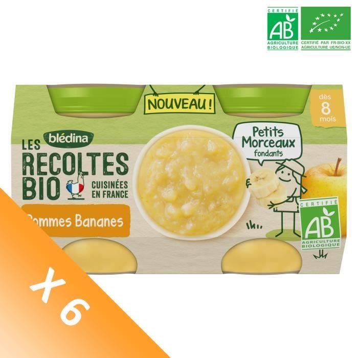 Blédina Les Récoltes Bio, Petits pots pour bébé bio - Dès 8 mois - Pommes Bananes Petits Morceaux - Lot de 6 x 260 g