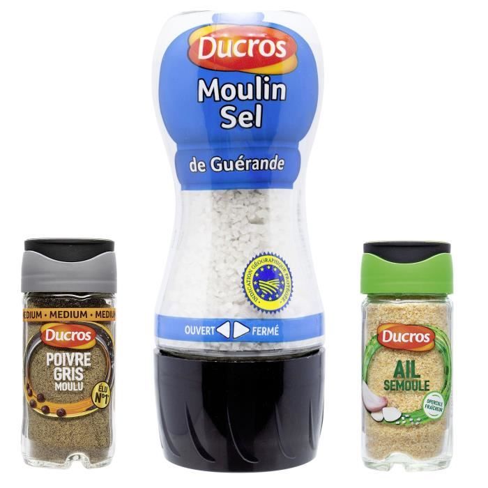 DUCROS Poivre moulus gris Nº 7 + Moulin sel de Guérande + Ail semoule