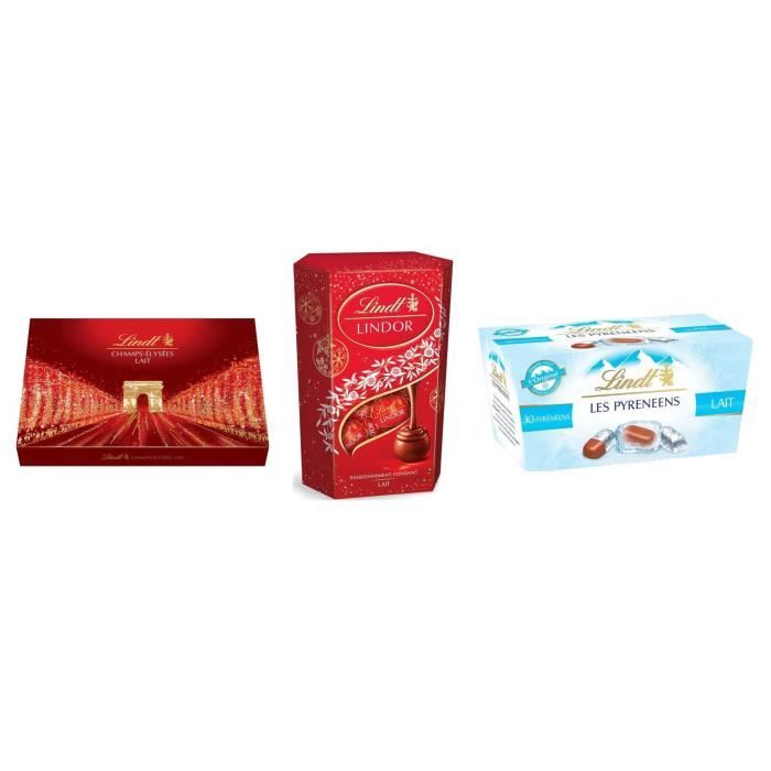 Lot de 3 - 1 LINDT Boîte de chocolat au Lait Champs-Élysées + 1 Cornet Lait Lindor + 1 Les Pyrénéens Ballotin Chocolat au Lait