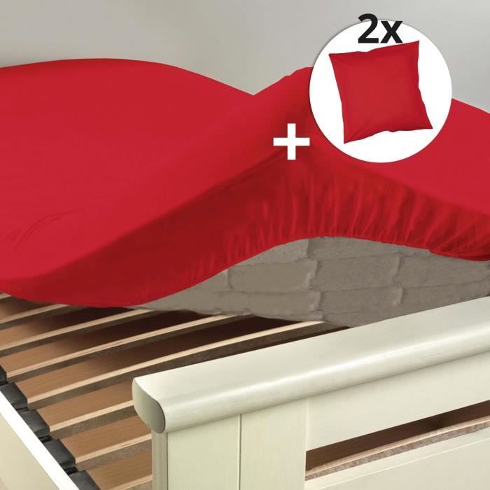 Ensemble drap housse 180 x 200 cm + 2 taies d'oreiller 63 x 63 100% coton 57 fils couleur Coquelicot