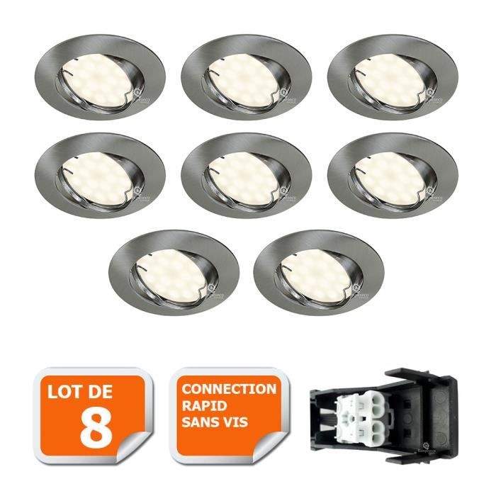 LOT DE 8 SPOT LED ENCASTRABLE ORIENTABLE ALU BROSSE AVEC AMPOULE GU10 230V eq. 50W, BLANC CHAUD