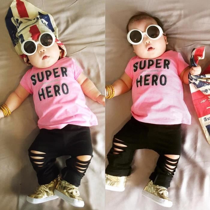 0-24 Mois Bébé Fille 2 Pcs Ensemble de Vêtement Mode : T-shirt Rose SUPER HERO + Pantalon à Trou Noir