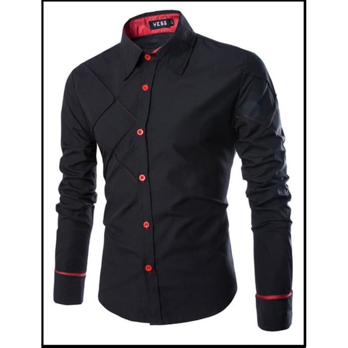 Chemisette Hommes Business Loisirs Respirant Manches Longues Couture Couleur Pure Trace de grille Chemise Noir