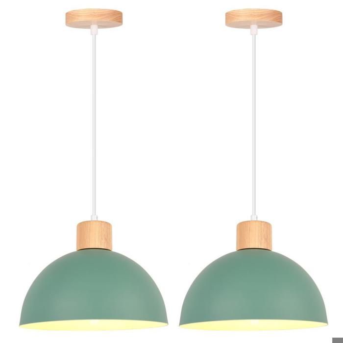 iDEGU 2pcs Lampe Suspension Vintage Moderne Lustre Abat-jour en Bois Métal Design Demi - cercle Luminaire Rétro Ø 25CM Vert