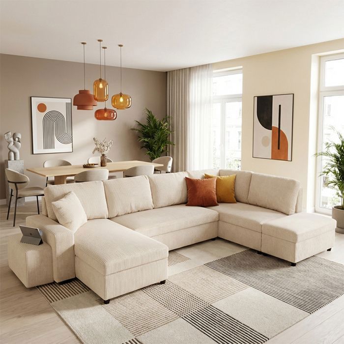 VEGA Canapé dangle panoramique convertible Blanc PERLE (velours côtelé ) - Taille XL - 6 places - 326 x 157 x 83