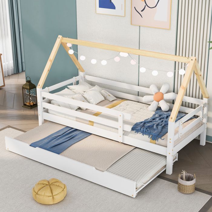 Lit Superposé Enfant 90x200 cm avec lit gigogne 90x190 cm lit de jour en bois Massif Sécurité Renforcée - blanc (Sans Matelas) Lit Superposé Enfant 90x200 cm avec lit gigogne 90x190 cm lit de jour en bois Massif Sécurité Renforcée - blanc (Sans Matelas)