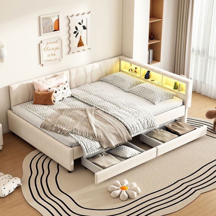 Canapé-Lit 140 x 200 cm compartiment de rangement USB-C éclairage LED deux tiroirs lin beige