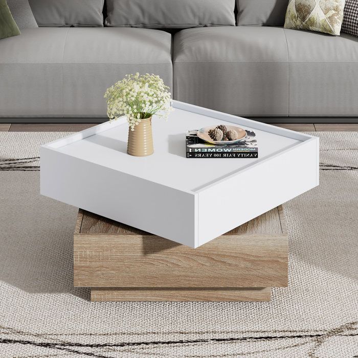 Table basse salon 60x60x38 cm avec plateau rotatif à 360° Table de salon avec plateau rotatif à 2 niveaux et rangement Blanc