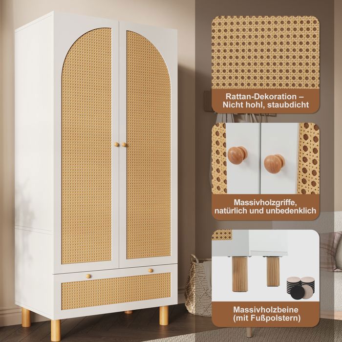 Armoire avec 2 portes et rattanstyle country Blanc avec grand tiroirétagères réglables en hauteur et porte-garde-robe180x85x52cm