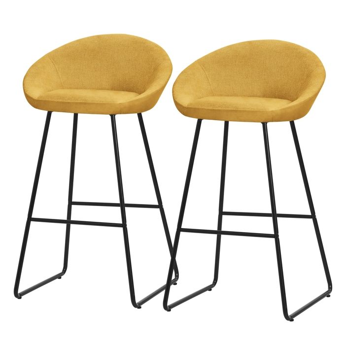 Lot 2 tabourets de bar ML-Design tissu moutarde hauteur 75 cm avec dossier et repose-pieds en métal