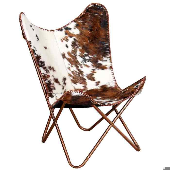 NEUF 2026 CHIC Chaise papillon vintage SWEETY pour salon/chambre marron et blanc cuir de vache 74x66x90 cm FF5504