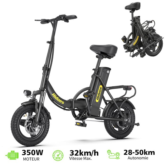 Vélo électrique Pliable 14 Noir Batterie 36V 104Ah - Écran LED - Pompe à vélo gratuite
