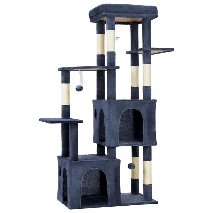 Meilleurs prix pour Arbre à chat robuste 155 cm Multi-niveaux grands chats perchoir XL 2 niches poteaux à griffer en sisal jouets suspendusBleu
