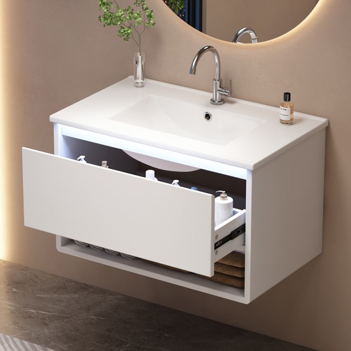 Meuble vasque suspendu 765x46x45 cm avec LED 1 tiroir lavabo céramique étagère ouverte structure en MDF blanc