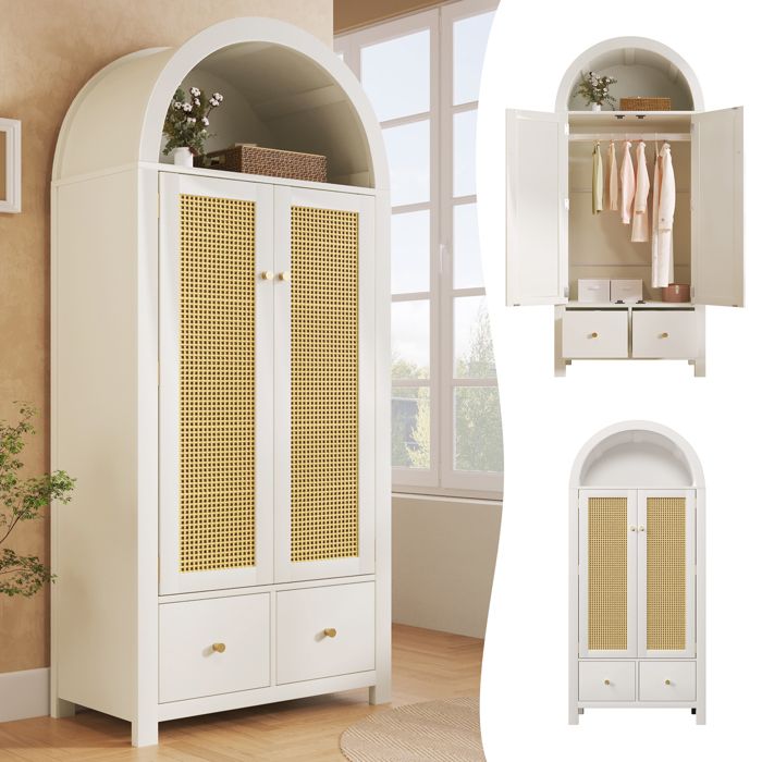 Armoire penderie avec Cannage en Rotin 2 portes 2 tiroirs étagère ouverte semi-rondetringle vêtements 181x78x45 cm blanc