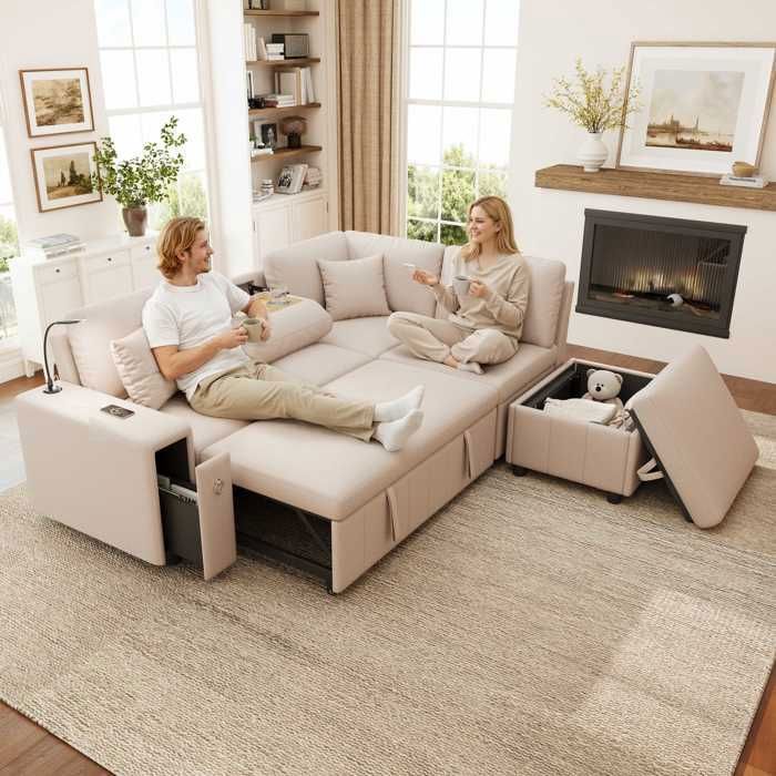 Canapé dangle convertible en L Canapé modulable 5 places Canapé-lit avec pouf de rangement ports USB 2 coussins - beige