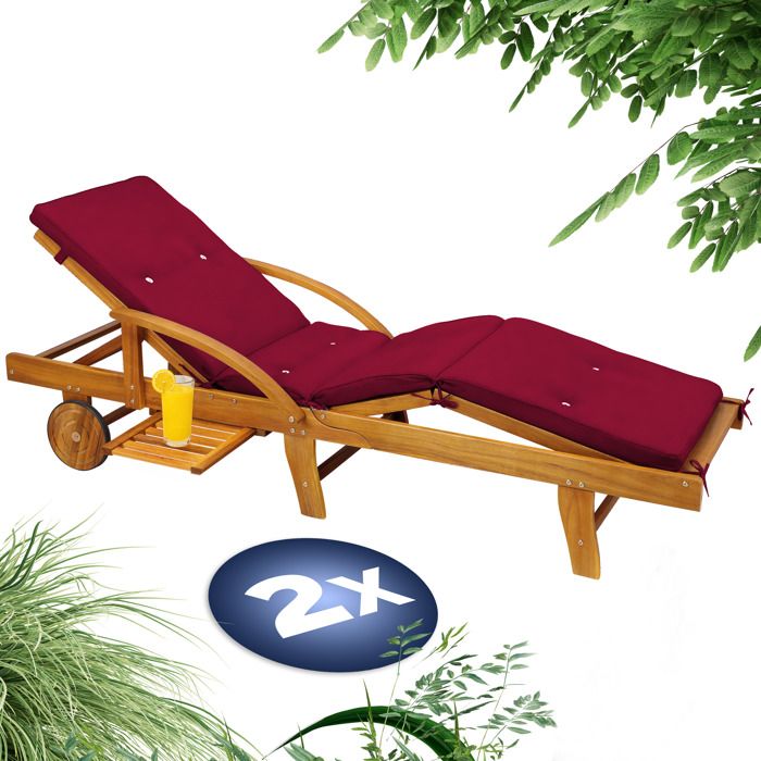 CASARIA® 2x Bain de soleil en bois dacacia avec coussin housse rouge inclus jardin balcon exterieur chaise longue ergonomique