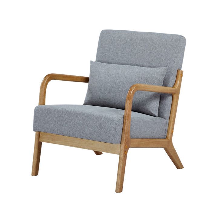 Fauteuil Scandinave avec Coussin - Structure en Bois Massif Moderne Minimaliste pour Salon Chambre Gris