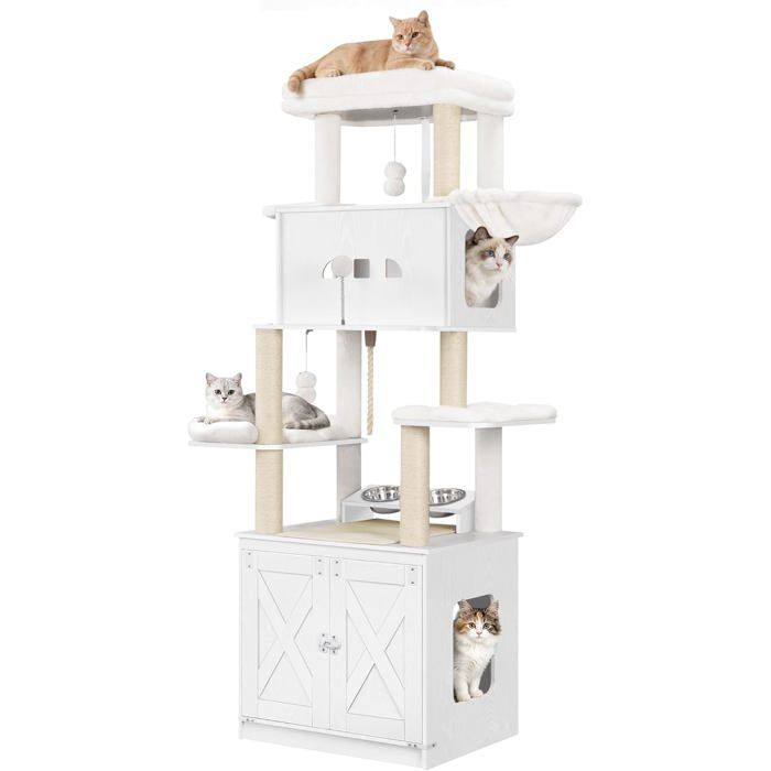 Arbre à Chat avec Meuble Litiere Chat Mangeoire Hauteur 173 cm avec Grande Plateforme Corde en SisalBlanc