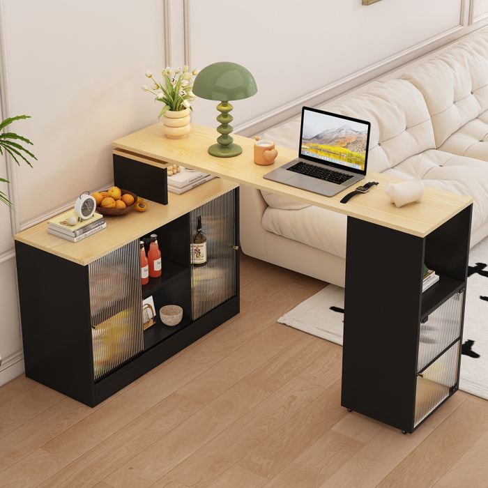 Meuble bar extensible avec rangements ouverts et portes coulissantes pivotant - YEAVIO - MDF et Verre Noir