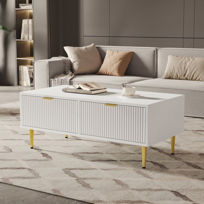Table Basse avec 2 Tiroirs et Étagère Ouverte Finition Laquée MDF Blanc et Doré 100×50×40 cm - UVRION