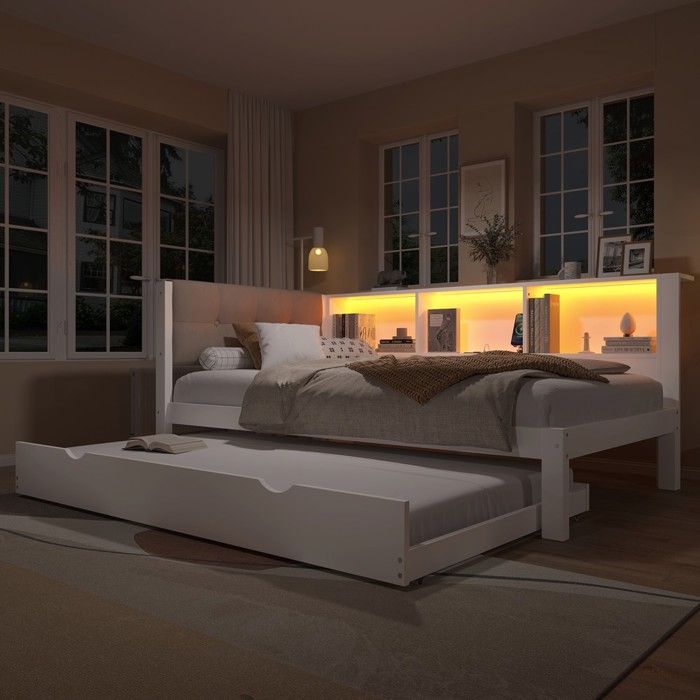 Lit escamotable - Page Living - 90x200 cm - Pin massif blanc - LED et USB