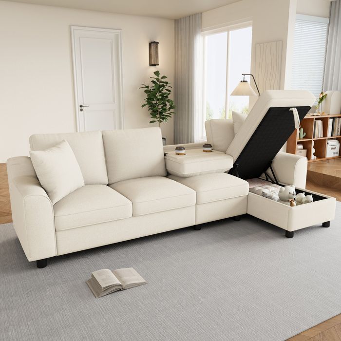 Canapé d’angle modulable 4 places en chenille beige méridienne droite avec coffre et dossier porte-gobelets