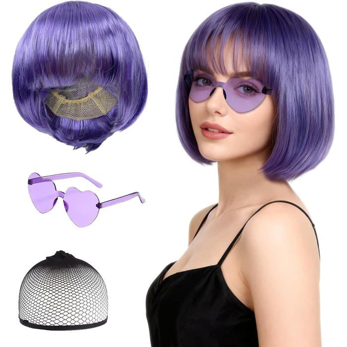 3 Pièces Perruque Violet Femmes Perruque Bob Avec Frange Cheveux Synthétiques Avec Bonnet Et Lunettes De Soleil Fête À Thème[AT8]