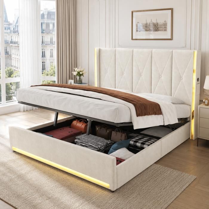 Lit coffre 180 x 200 cm en velours beige avec sommier à lattes tête de lit haute USB Type-C LED