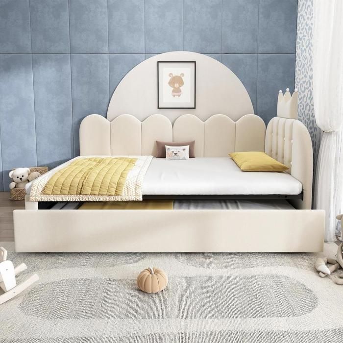 Lit banquette - KOMHTOM - Lit banquette - 90 x 200 cm - Lit gigogne 90 x 190 cm - Velours beige Lit banquette - KOMHTOM - Lit banquette - 90 x 200 cm - Lit gigogne 90 x 190 cm - Velours beige